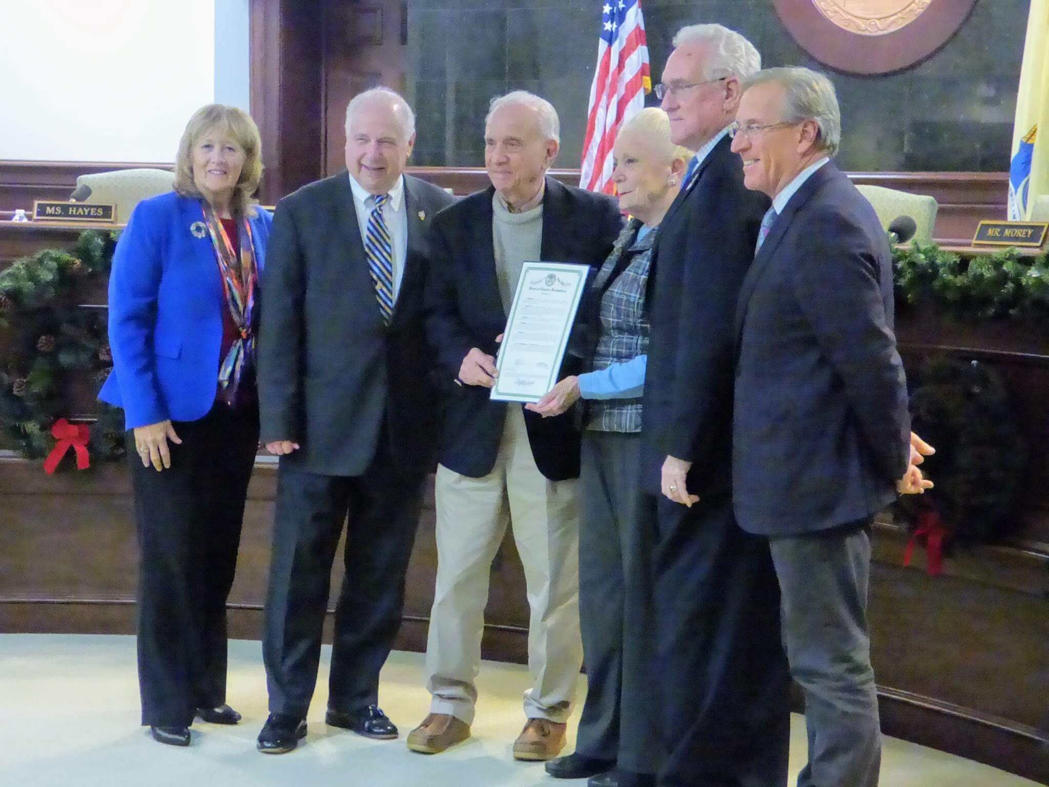 Joseph and Anne Salvatore accept a resolution from freeholders Dec. 10 for being the recipients of the 2019 New Jersey Hall of Fame’s Unsung Heroes Award.    