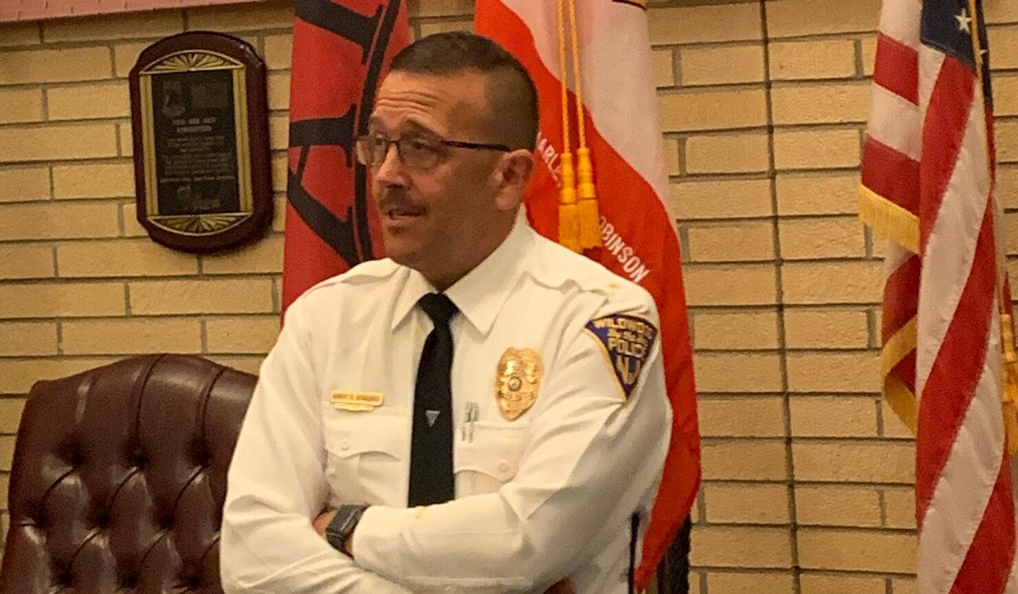 Wildwood Police Chief Robert Regalbuto provides an update on President Donald Trump’s visit during the Jan. 22 Wildwood Board of Commissioners meeting.  