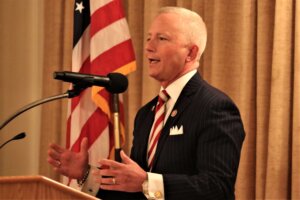 U.S. Rep. Jeff Van Drew (R-2nd) tells Ocean City Regional Chamber of Commerce members about his decision to change parties and his views on the impeachment of President Donald Trump Jan. 23.