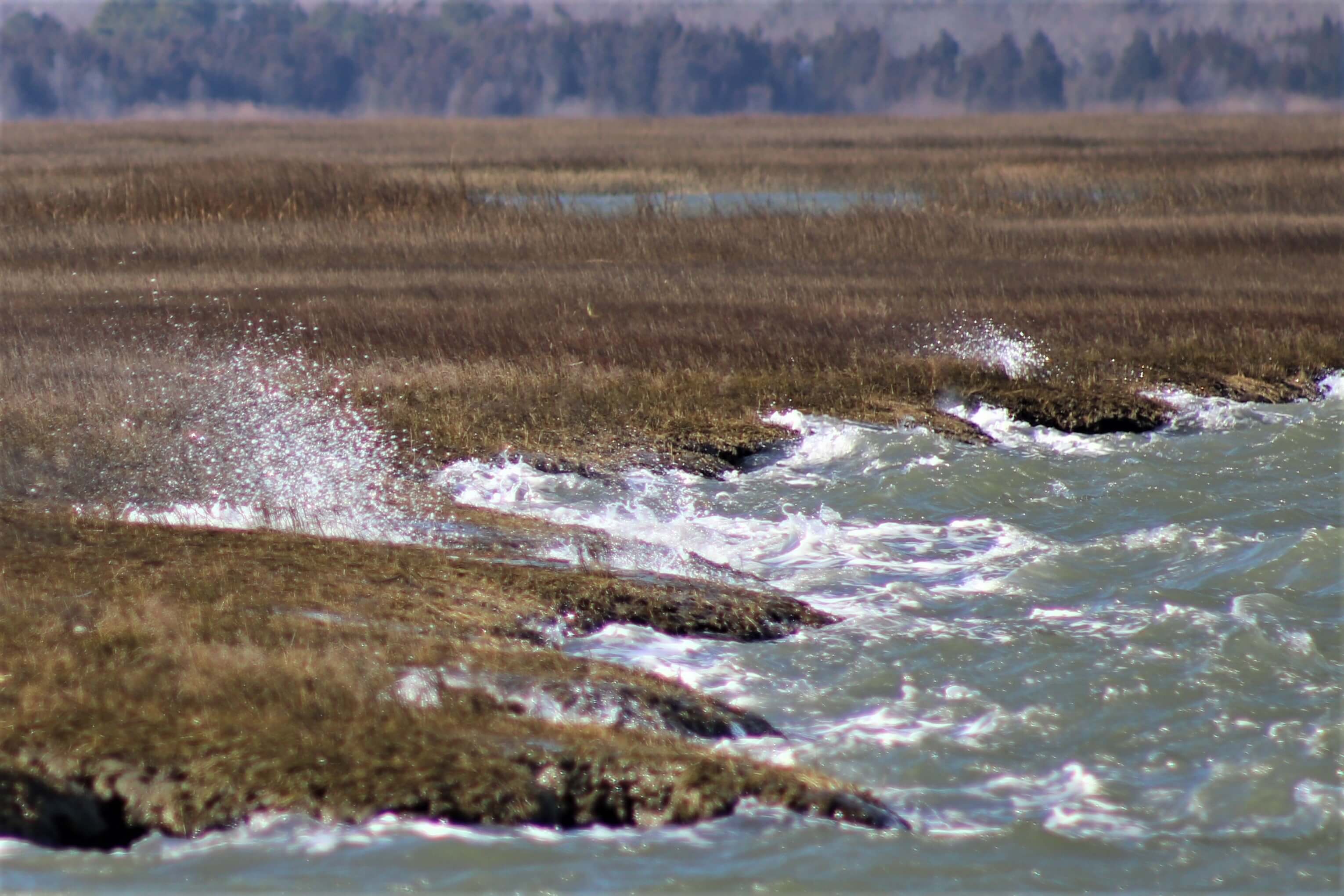 Wind-whipped bay water splashes the sides of the wide marsh near the boat ramp in Strathmere. Some areas have tall bulkheads to keep out high water in big storms