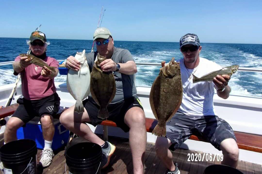 Three happy anglers with flounder and kingfish.