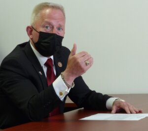 U.S. Rep. Jeff Van Drew (R-2nd) masks up for a meeting with Herald staff and Cape Issues members Oct. 7.