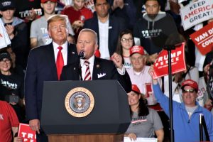 President Donald Trump stands behind U.S. Rep. Jeff Van Drew (R-2nd) as he addresses the crowd at a Trump rally at the Wildwoods Convention Center in January 2020.