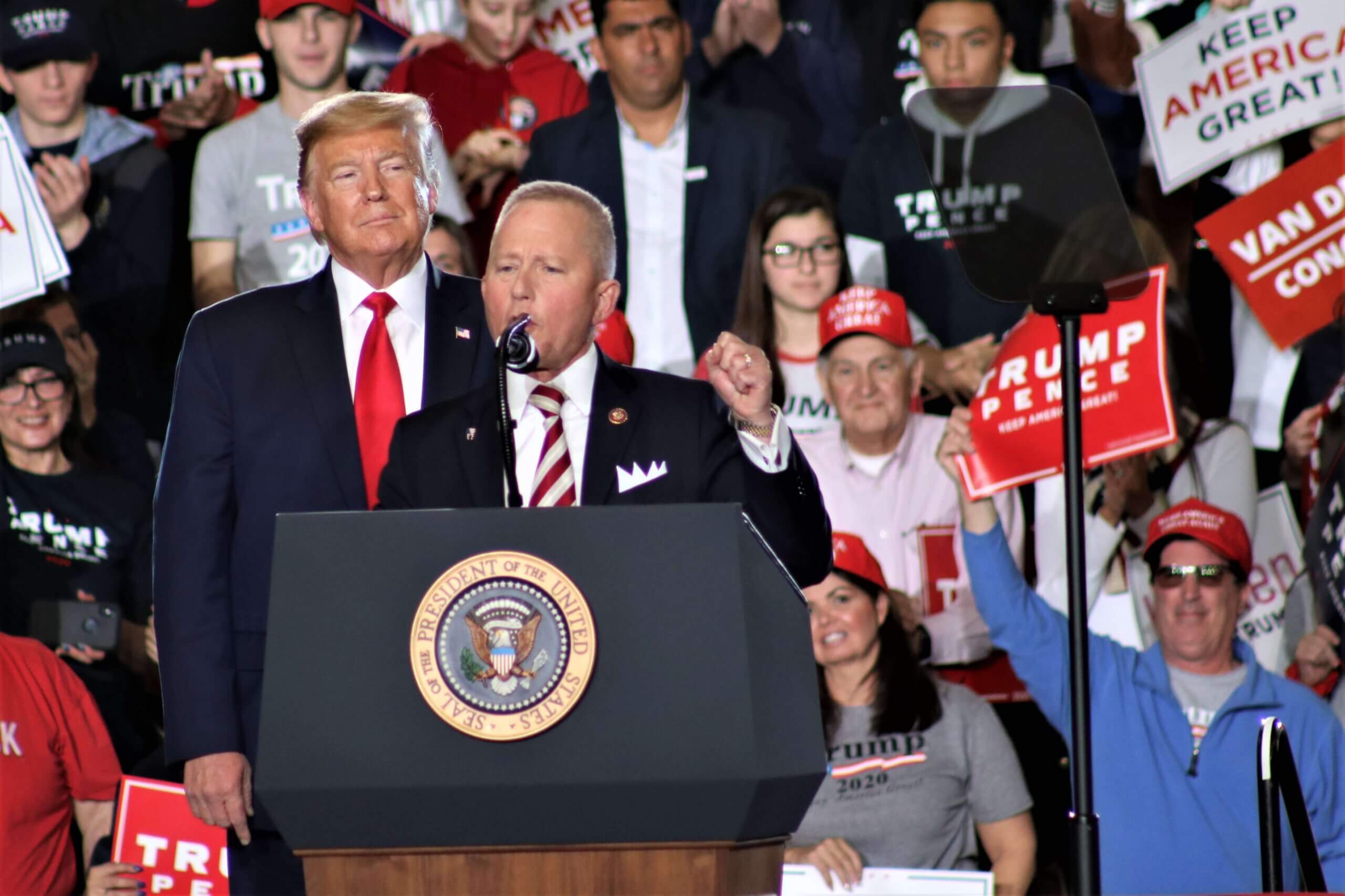 President Donald Trump stands behind U.S. Rep. Jeff Van Drew (R-2nd) as he addresses the crowd at a Trump rally at the Wildwoods Convention Center in January 2020.