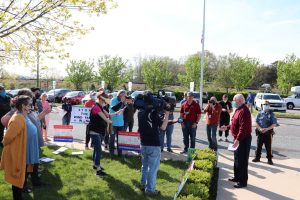 Cape May County Commissioner Director Gerald Thornton speaks to a group of Ocean Wind project opponents outside the County Administration Building April 27. 