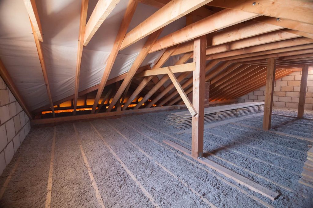 Ecowool insulation is poured in the attic. Eco-freandly clean