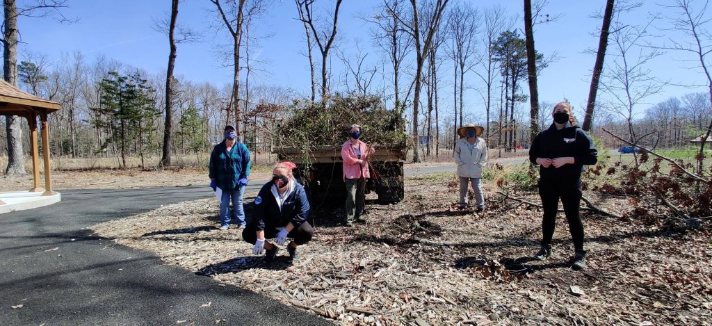 Volunteers work in Woodbine to root out invasive plants from the borough's Open Space EcoPark March 27.