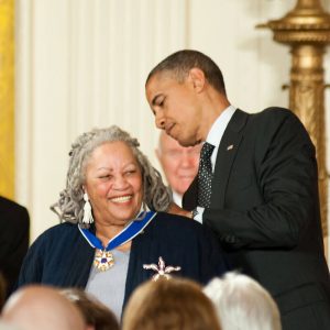Novelist Toni Morrison smiles as she is presented with a Presidential Medal of Freedom by President Barack Obama at a ceremony at the White House May 29