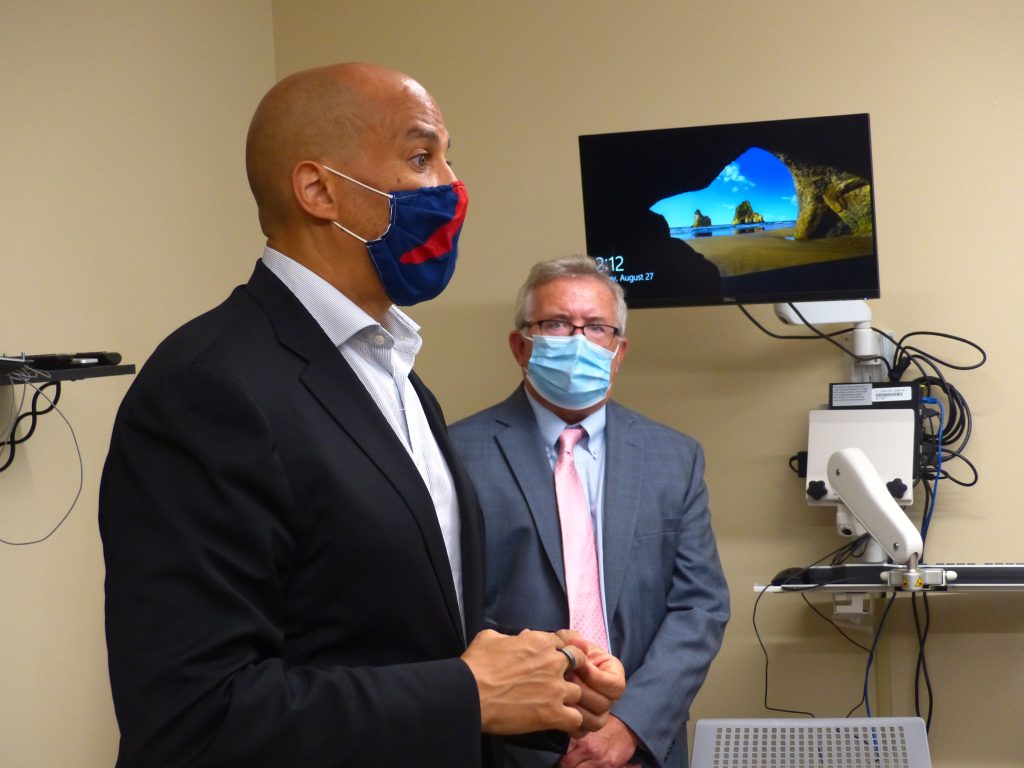 Sen. Cory Booker Aug. 27 speaks to veterans and staff after touring the Rio Grande VA medical facility