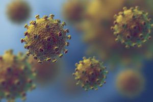 Flu or HIV coronavirus floating in fluid microscopic view