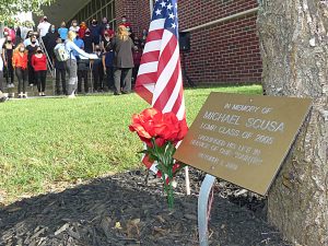 Sgt. Michael Scusa's memorial plaque at the base of the tree outside Lower Cape May Regional High School