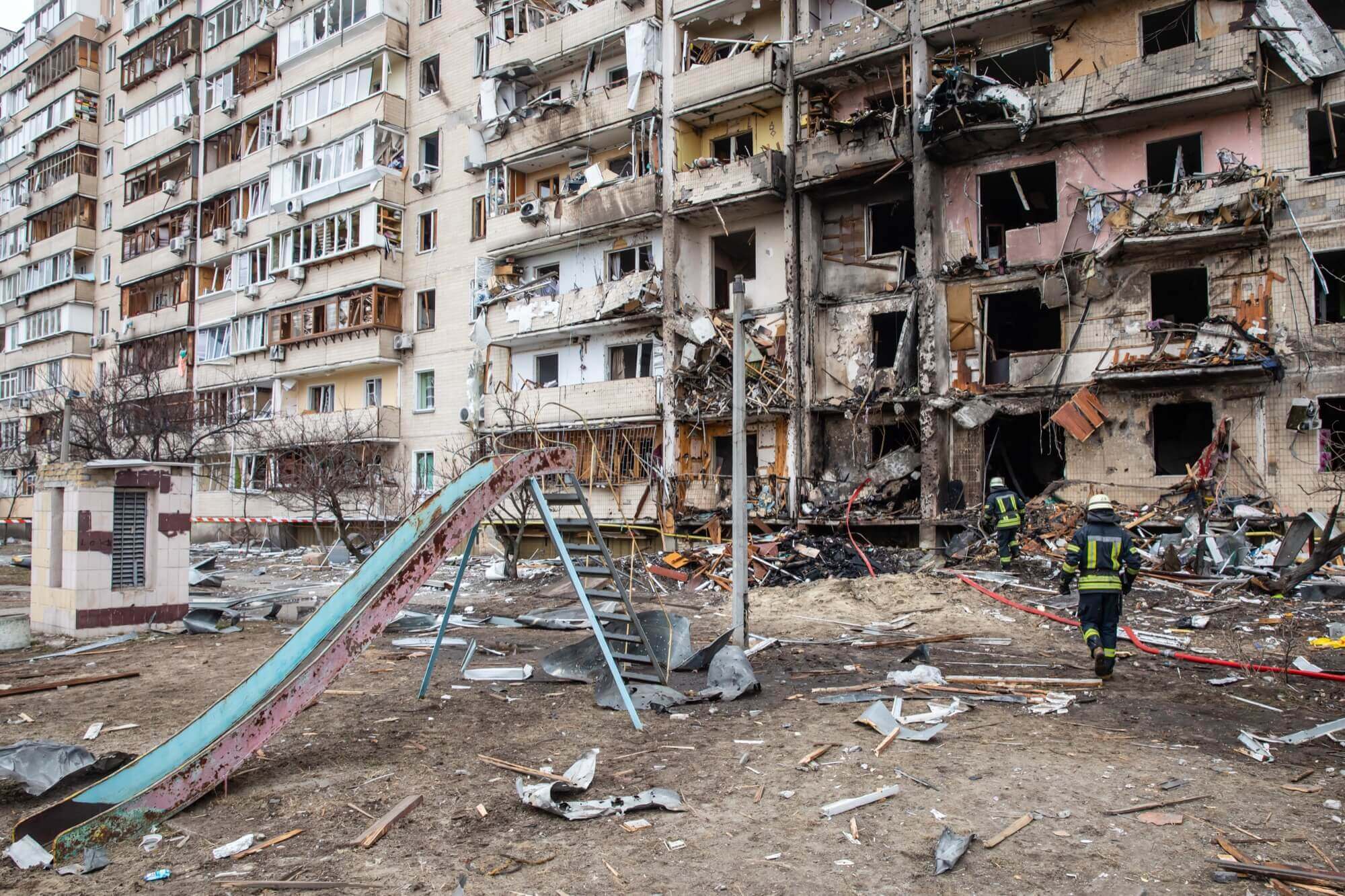 A residential building damaged by an enemy aircraft in the Ukrainian capital Kyiv