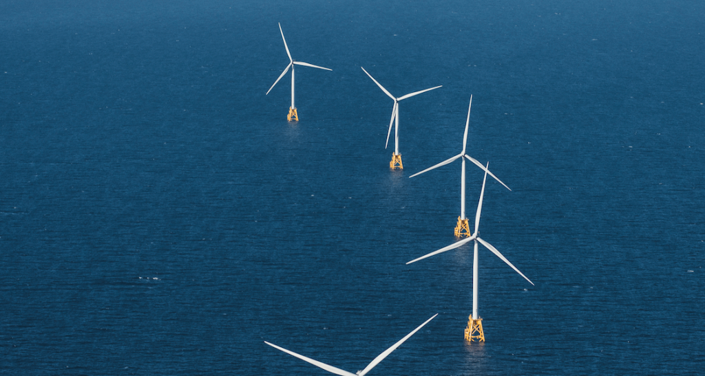 An aerial snapshot of the five turbines that make up Ørsted's Block Island wind farm in Rhode Island. Ørsted is the Danish company behind the Ocean Wind 1 project. 