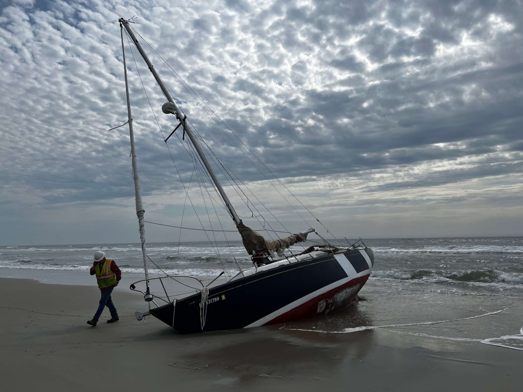 A sailboat washed up on the beaches of Avalon April 14