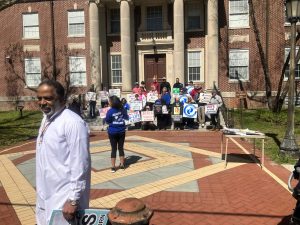 Rally participants gather for a picture on the county courthouse steps.