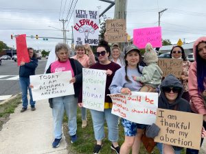 A group of protestors gathered May 3 to protest a leaked draft decision that would overturn Roe v. Wade.