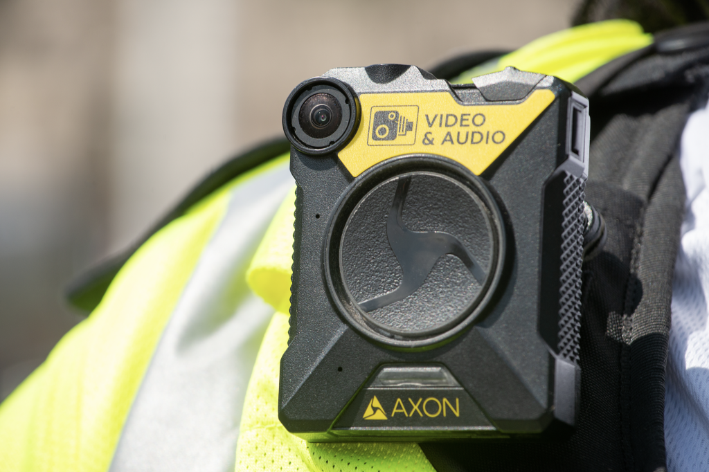 An Axon body camera pictured on a police officer. The Lower Township Police Department will wear the company's gear as part of a department wide body camera update.