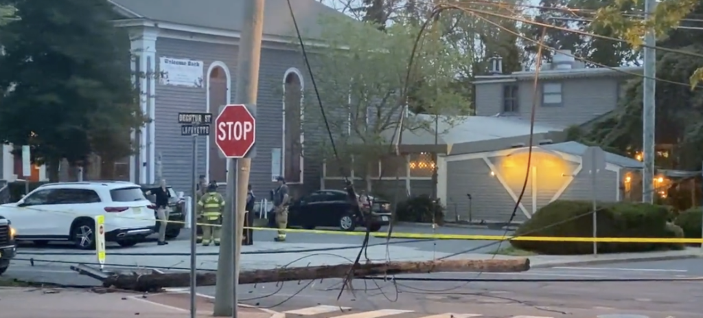 A freeze frame from a video by Bryanna Gallagher on Twitter shows the downed utility pole at the corner of Decatur and Lafayette in Cape May City