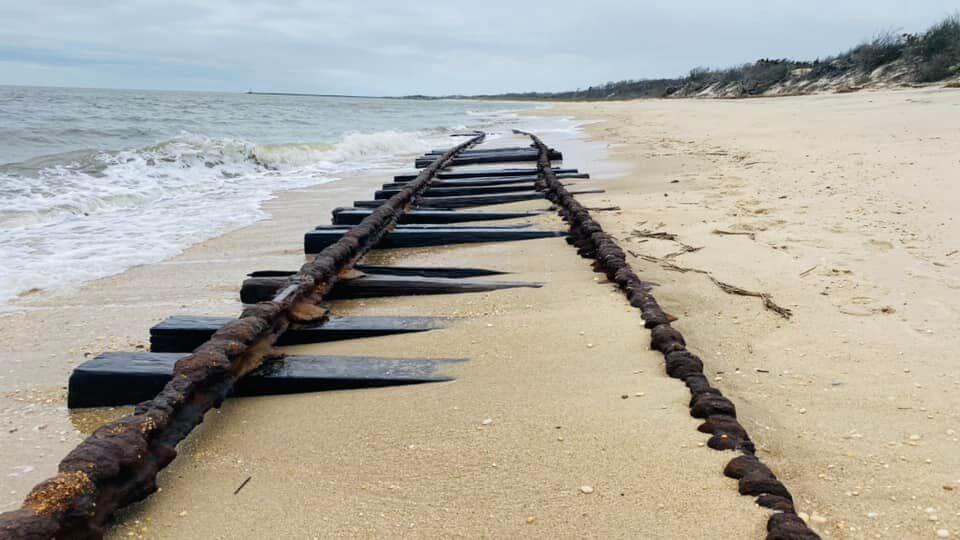 The exposed tracks used by the Cape May Sand Company in the early 20th century.