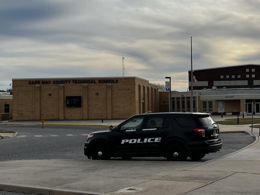 A Middle Township Police vehicle sits outside Cape May County Technical Schools in December 2021. Police presence was visible outside schools around the county May 25 in response to a Texas elementary school shooting.