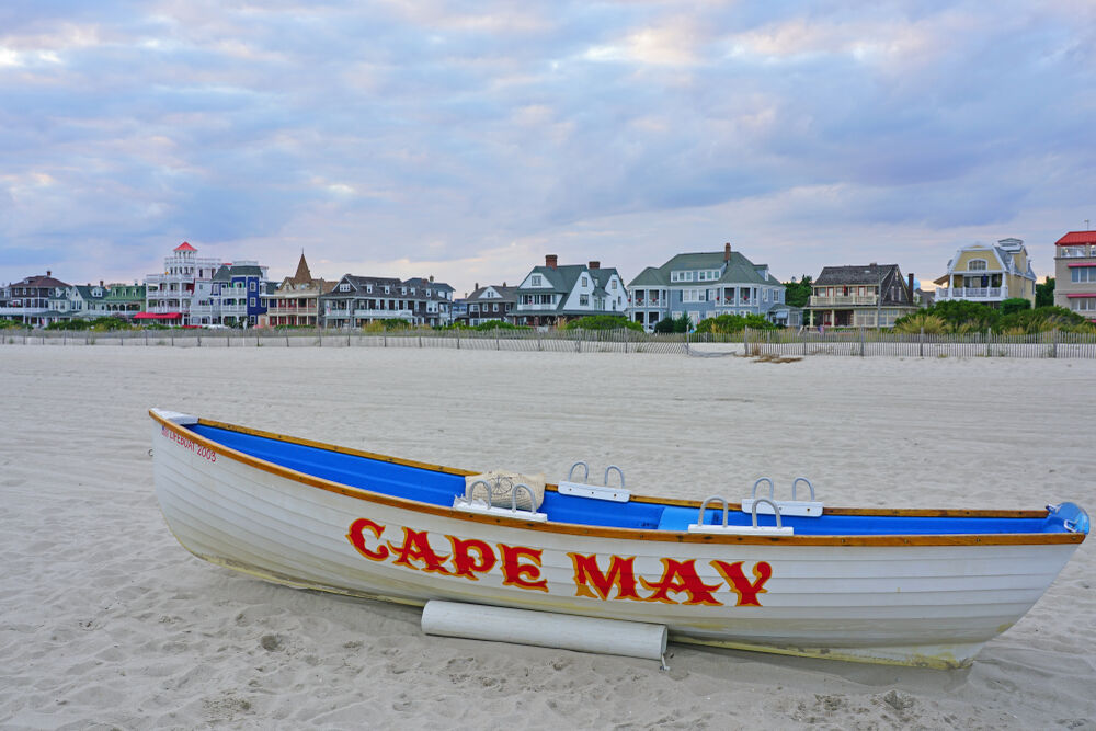 Shown is a stock photo of a lifeguard boat on a Cape May beach in 2019.