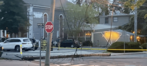 A downed utility pole from the Nissan Pathfinder on Lafayette Street in Cape May City May 15.