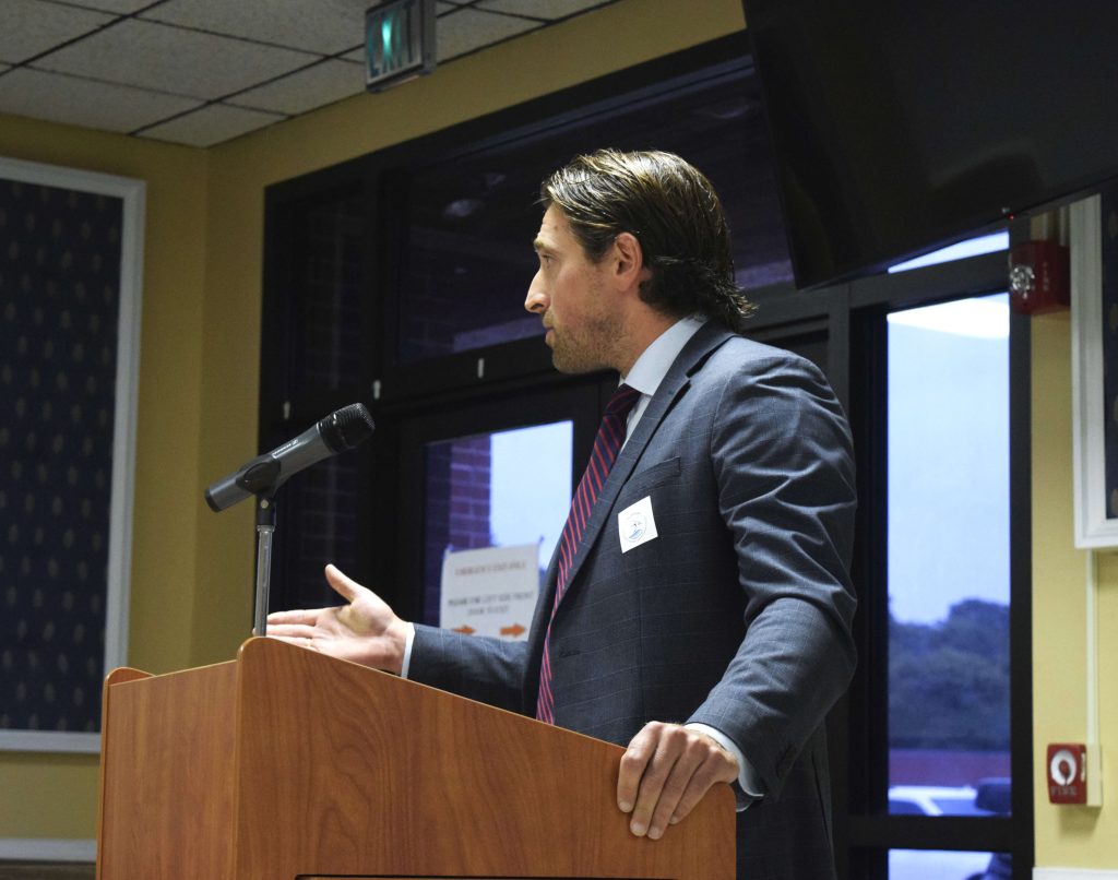 Lawyer Christopher Gillin-Schwartz speaks before Lower Township Council in defense of the Sunset Beach Sportsman’s Club’s liquor license June 22.  