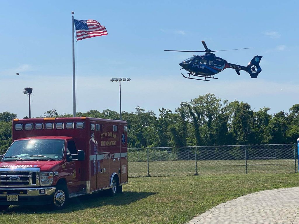 The helicopter slated to medivac the injured individual lands in Cape May.