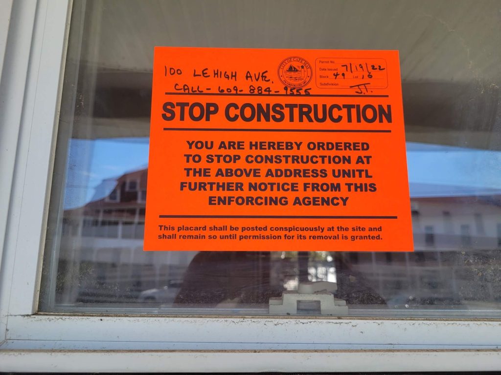 A “stop construction” notice was posted on the building at 100 Lehigh Ave.