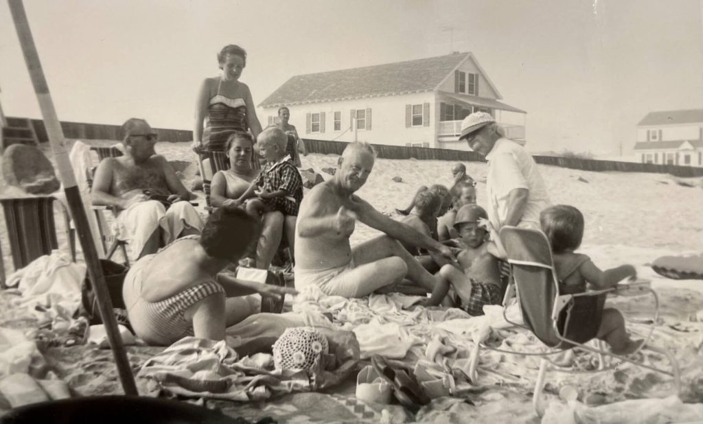 The Klingensmith family has been coming to Stone Harbor for a week at the beach for 75 years. Pointing at the camera is Grandfather Ross Klingensmith. In the chairs behind him are Klingensmith’s unidentified friend