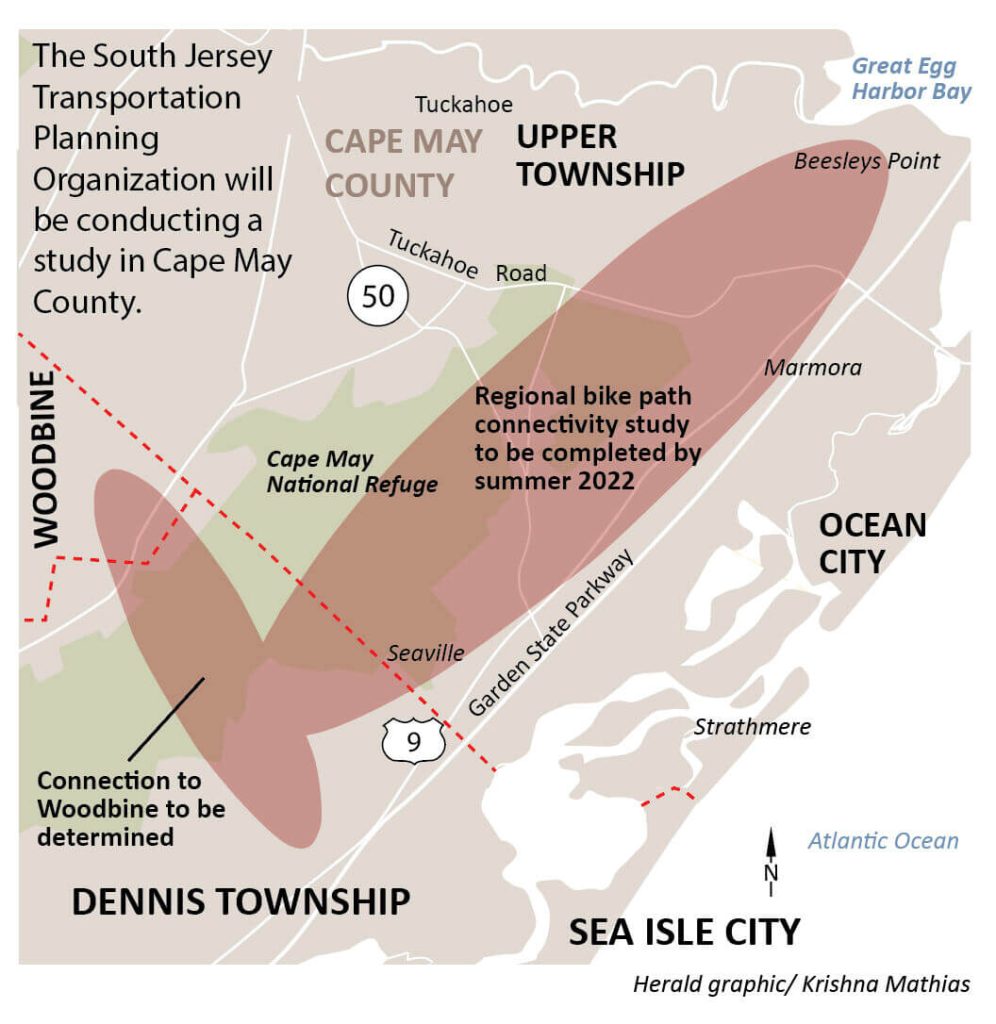 This map of the Cape May County Bike Trail System shows some existing and proposed trails. The key areas are in Dennis and Upper townships. The South Jersey Transportation Planning Organization (SJTPO) will be conducting a study of these areas. The proposed trail needs to cross U.S. Fish and Wildlife lands in Dennis Township and the Great Cedar Swamp in Upper Township. Completion of this last segment of the Cape May County Trail System would then allow connection with the Atlantic County Trail System via the Parkway Bridge bike path. 