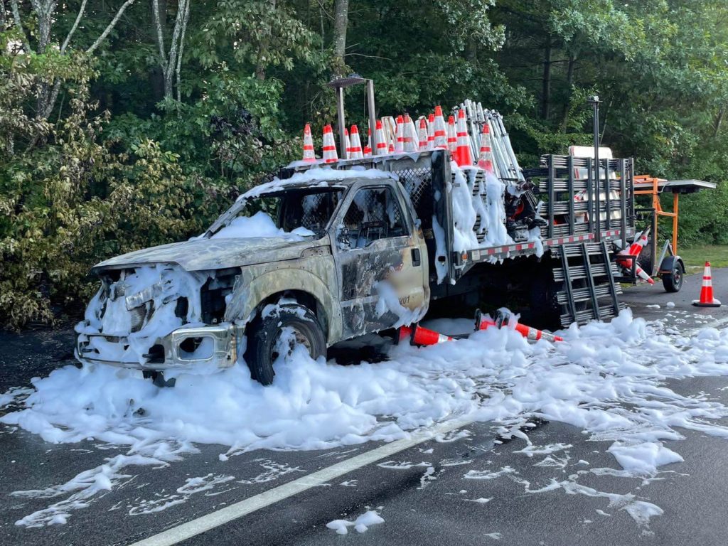 The utility truck that caught fire on Route 47.