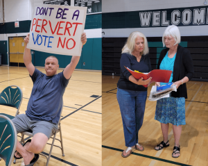 Left: Mike Scanlan wanted the school board to vote no on implementing the new curriculum. Right: Janice Weber