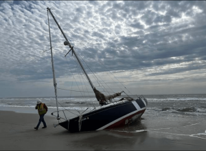 A sailboat washed up on the beaches of Avalon April 14