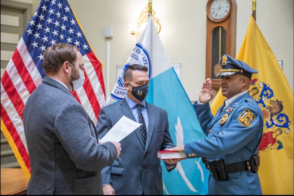 Cape May Mayor Zack Mullock delivers the oath of office to Cape May Police Chief Dekon Fashaw Feb. 1. Fashaw is stepping up his department's recruitment game in the face of a serious challenges to police hiring.