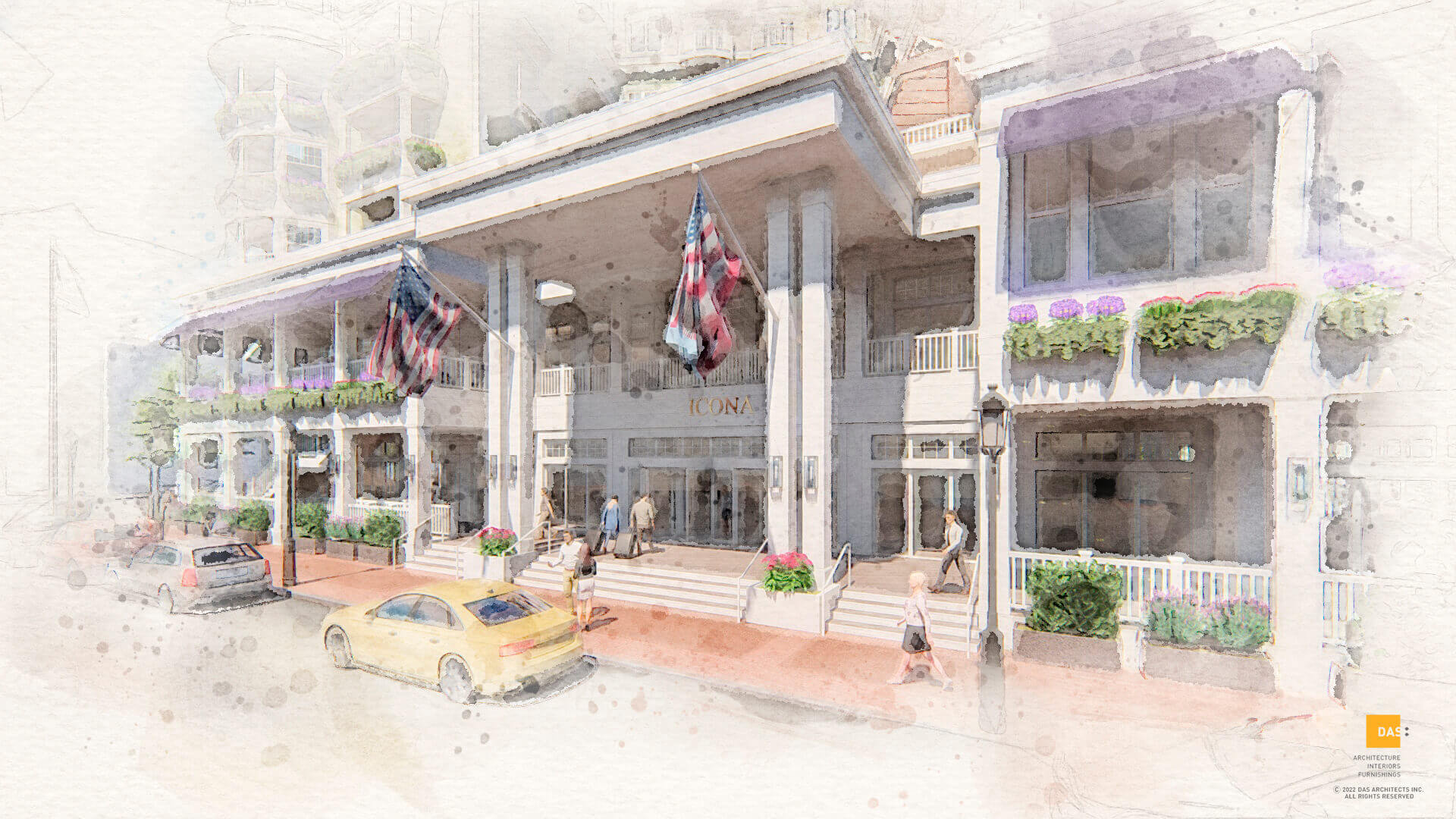 A watercolor rendering of ICONA Resorts’ proposed luxury hotel on Beach Avenue. Eustace Mita