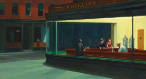 Edward Hopper’s “Nighthawks” served as the inspiration for this year’s Petals window display. The Petal's window imagines this painting from another angle.