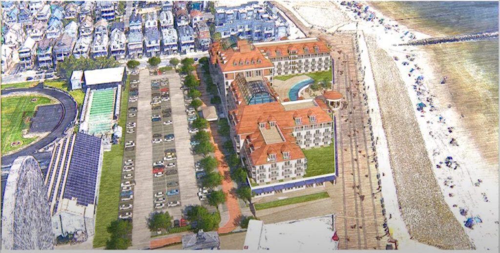 An artist’s rendering shows an aerial view of the grand hotel being proposed by Eustace Mita