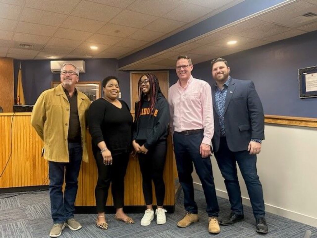 Stacy-Ann McPherson (second from left) was sworn in as Middle Township’s Municipal Court Administrator at the Township Committee meeting on Feb. 6. McPherson began working with the township in 2014 as a records clerk for the police Department.