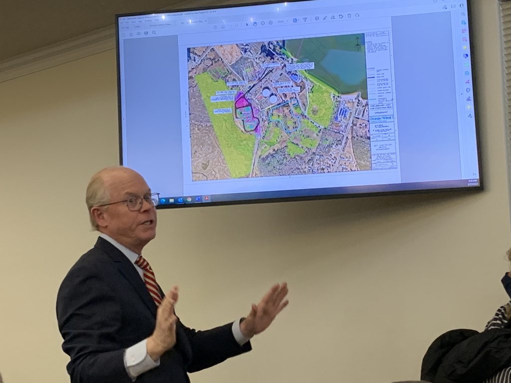 Redevelopment Attorney James Maley explains the reason for an ordinance change being considered in Upper Township Feb. 27. Maley used a graphic of the site at Beesley’s Point to show how an existing electrical substation would be moved from the center of the site to a site to the left on the map.