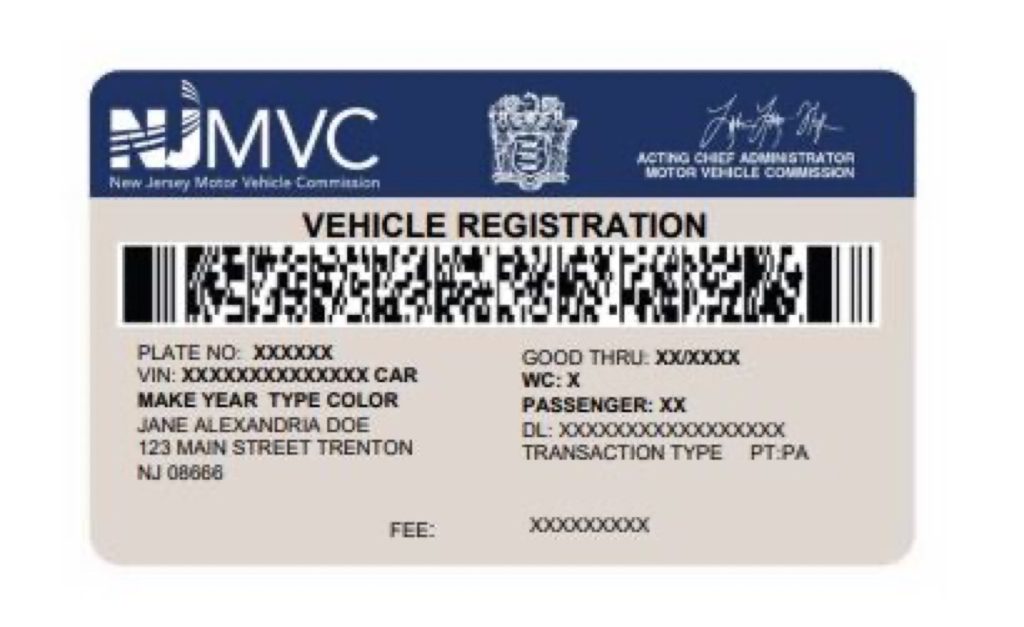 Shown is a sample vehicle registration provided by New Jersey Motor Vehicle Commission.
