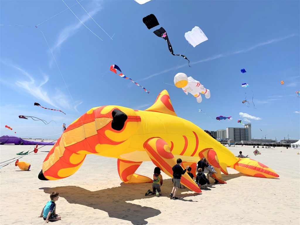 Children play under a yellow hammerhead shark kite May 26