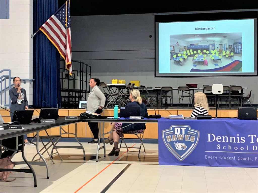 The leadership of the Dennis Township Education Association gave a slideshow presentation showing how crowded classrooms would be if teachers are cut in the 2023-2024 school year.   