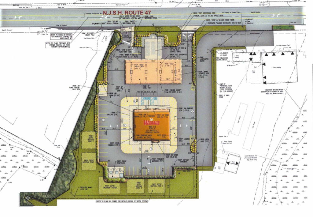 A site plan filed in 2021 shows the layout of a new Super Wawa proposed for Route 47 in Dennis Township. 