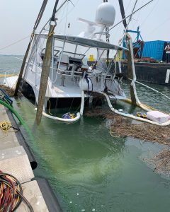 The 55-foot Viking that crashed into the Townsend’s Inlet Bridge was secured by Sea Tow Cape May at the Avalon Yacht Club