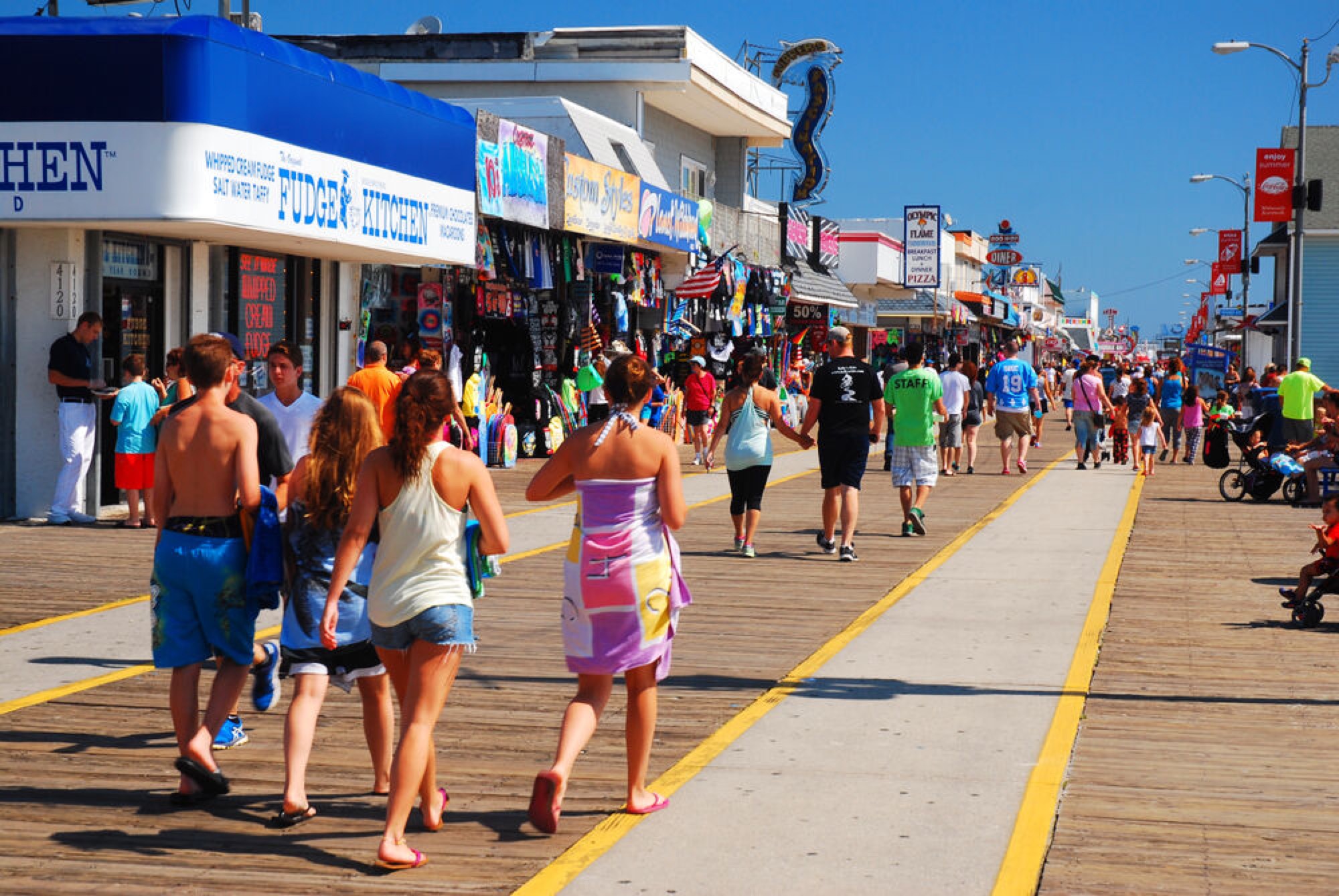 Folks enjoy a sunny summer’s day on the boardwalk in Wildwood.
