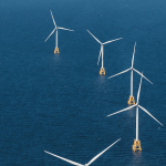 An aerial snapshot of the five turbines that make up Ørsted's Block Island wind farm in Rhode Island. Ørsted is the Danish company behind the Ocean Wind 1 project. 