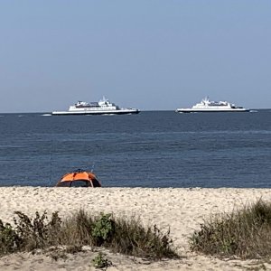 Ferries passing